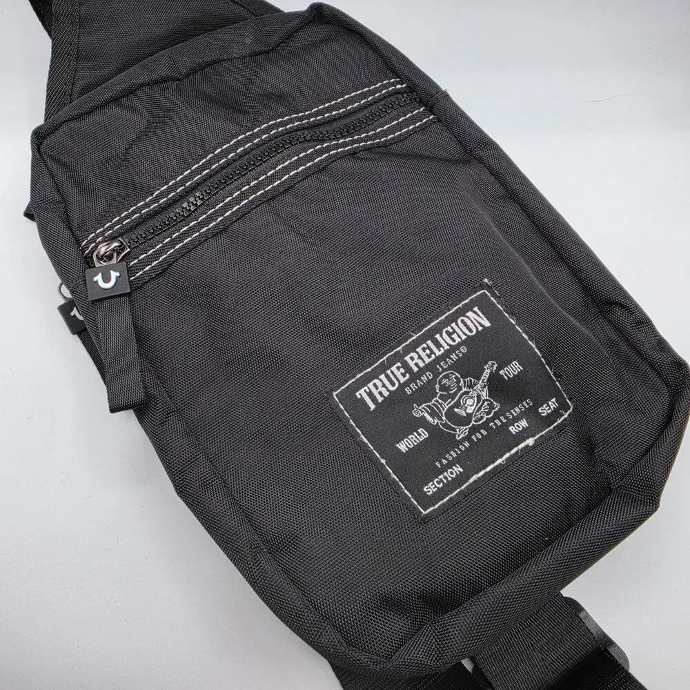 True Religion Jeans Black Sling Bag Crossbody Chest Pack Buddha Logo Travel 9x6